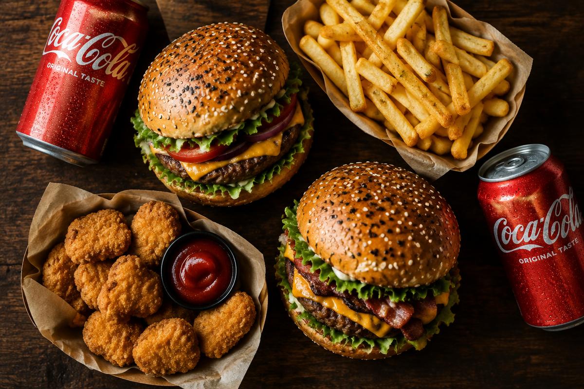 Combo com burgers, batata, Crocfy e Coca-Cola